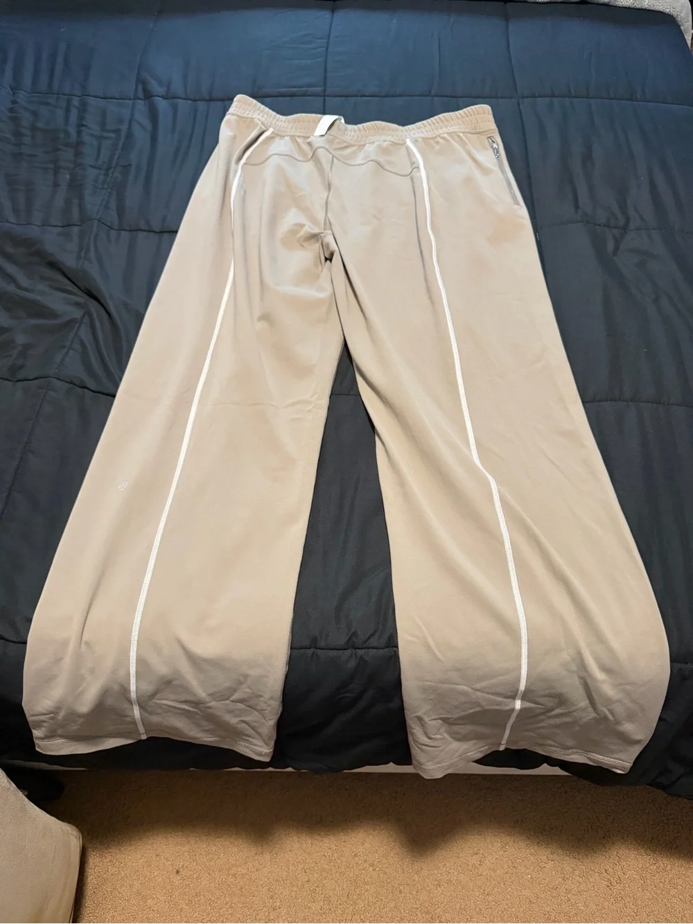 Womens Lululemon Beige Wide-Leg Track Pants with White Side Stripes